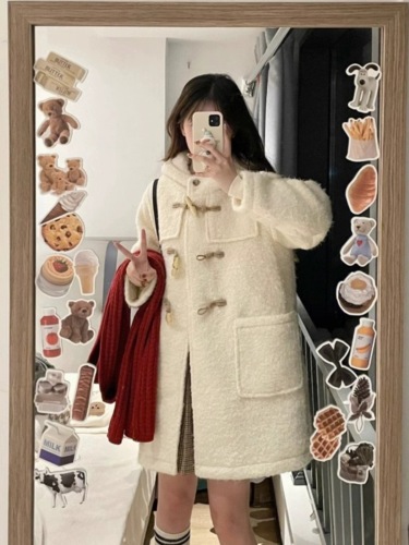 2023 Autumn and Winter Embroidered Woolen Hooded Horn Button Coat Mid-Length Small High-end Coat for Women