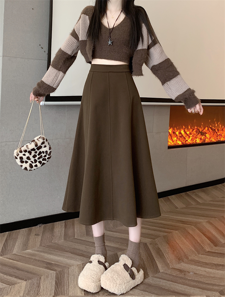 Actual shot ~ Retro woolen skirt for women, high-waisted, slimming, A-line, loose, large swing, mid-length skirt, umbrella skirt