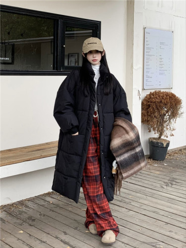 Actual shot of new winter clothing, loose slimming quilted thickened plaid design long warm cotton jacket for women