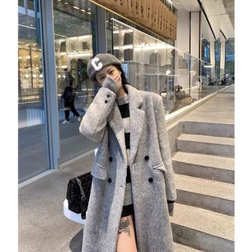 High-end gray thickened Korean wool coat for women autumn and winter mid-length woolen Hepburn style woolen coat