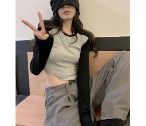 美式不規則短款T恤女裝秋季新款辣妹長袖修身上衣