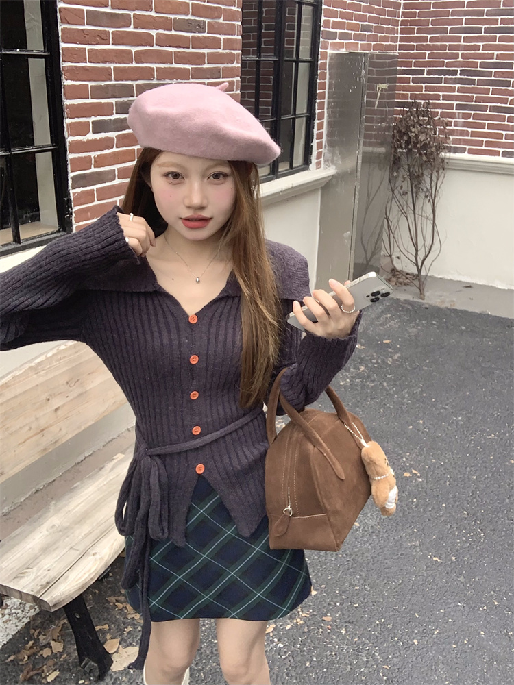 Real shot!  French lapel waist slimming lace-up long-sleeved slit knitted sweater cardigan