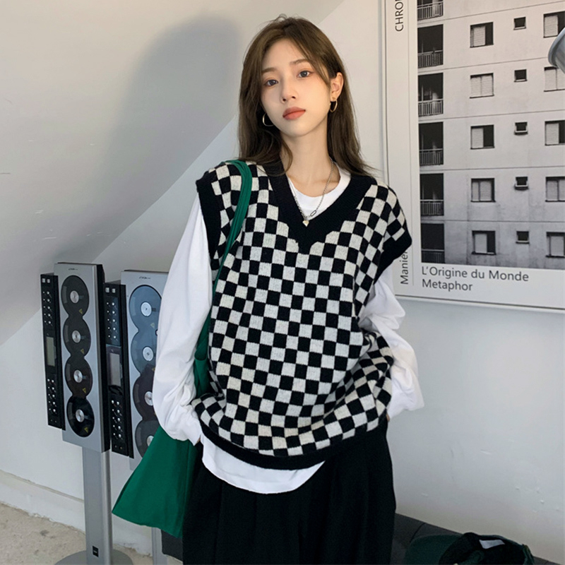秋冬季黑白棋盤格子針織馬甲女v領寬鬆外搭小個子慵懶風疊穿坎肩
