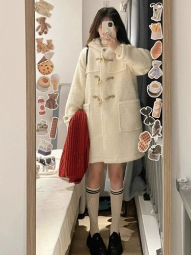 2023 Autumn and Winter Embroidered Woolen Hooded Horn Button Coat Mid-Length Small High-end Coat for Women