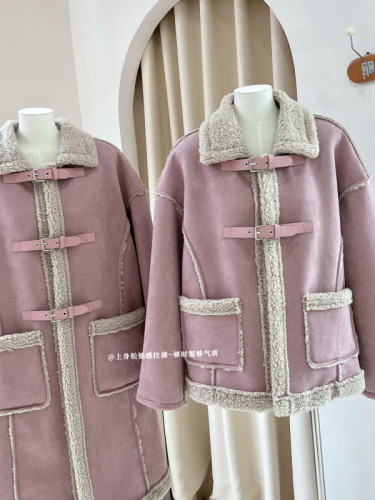 Wang Girl's Shop  New Autumn and Winter Coat Fur One-piece Lamb Plush Motorcycle Thickened Jacket Coat