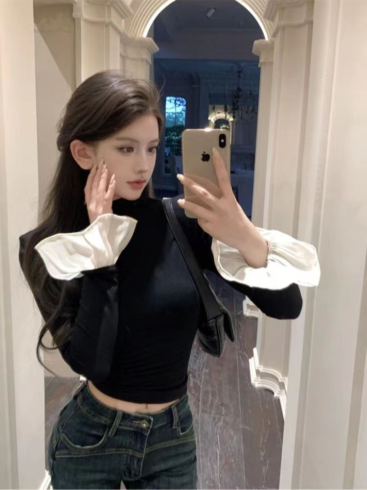 1×1 螺紋德絨喇叭袖拼接T恤女秋冬黑色修身打底衫德絨長袖上衣