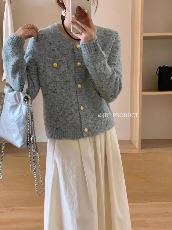 高級感花線馬海毛小香風針織開衫女秋季新款短款雜色圓領毛衣外套