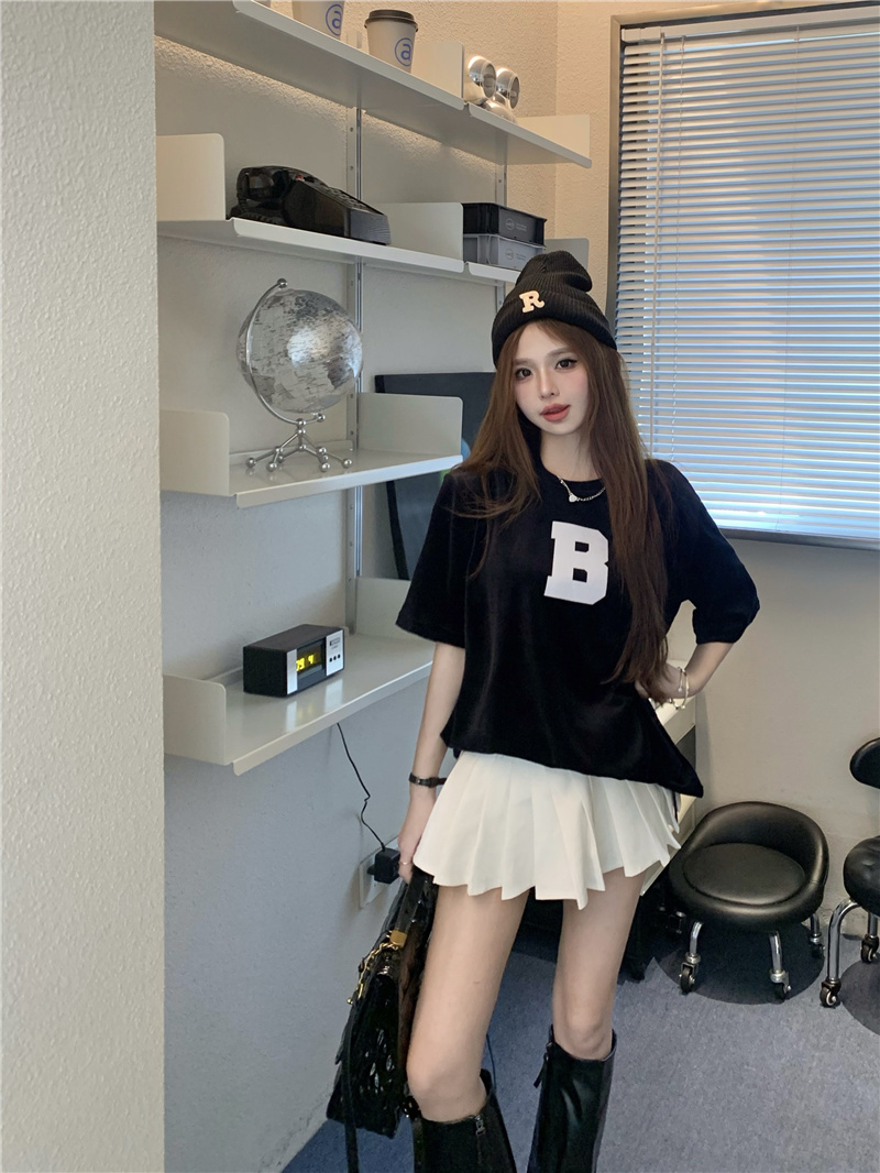 實拍~秋冬新款休閒風寬鬆百搭B字母印花加厚天鵝絨短袖T恤女