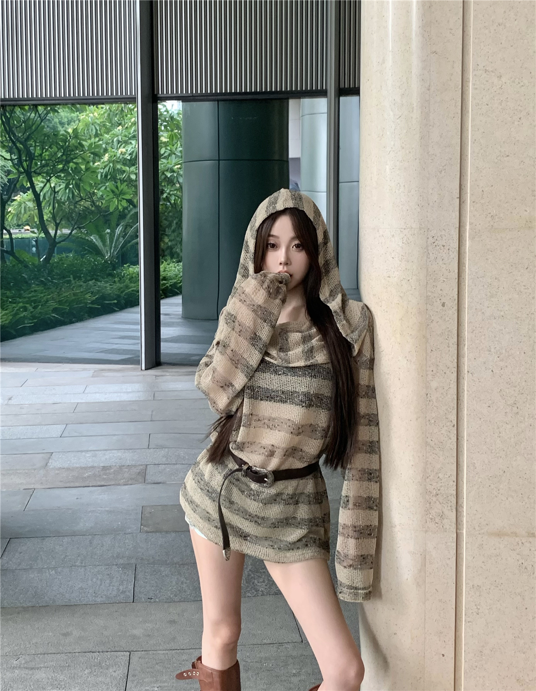 秋季廢土風條紋連帽寬鬆長袖罩衫T恤上衣連衣裙女