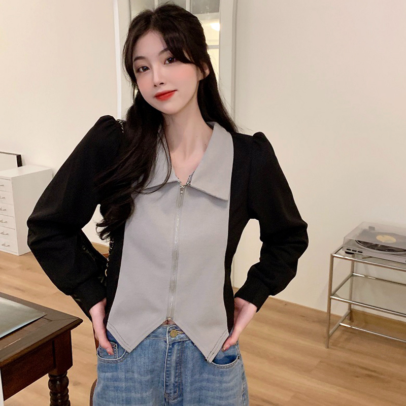 大碼polo領打底衫女秋冬內搭t恤設計感辣妹胖mm撞色長袖短款上衣
