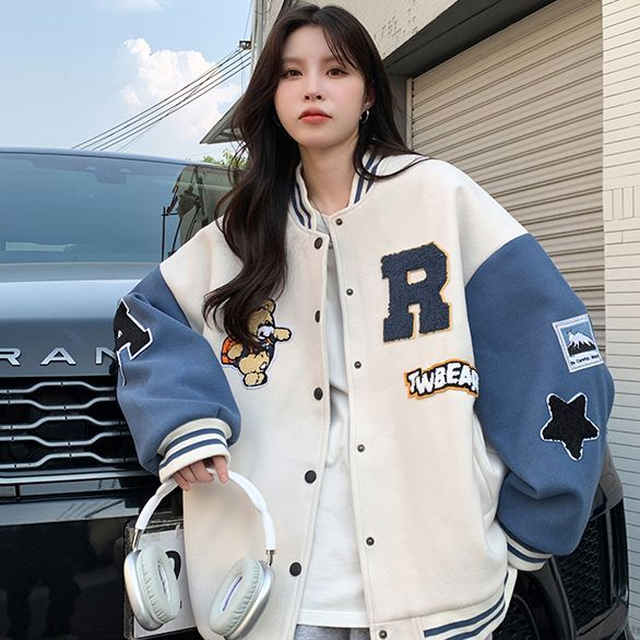 American baseball uniform for women, high street design, loose casual, college style, autumn and winter student embroidered jacket, cardigan