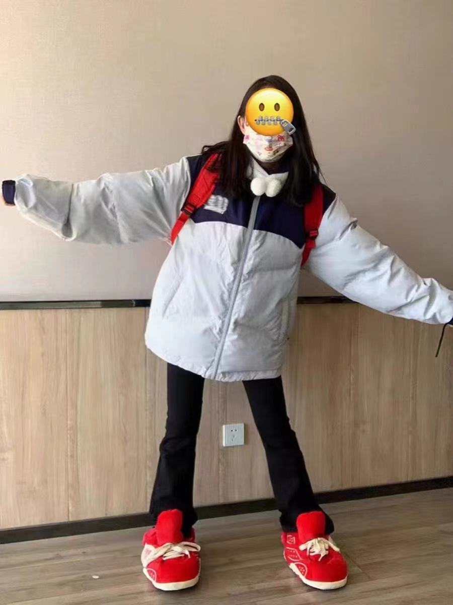 National trend brand retro splicing down cotton coat for women winter 2023 new Korean style loose contrasting color stand collar thickened cotton coat