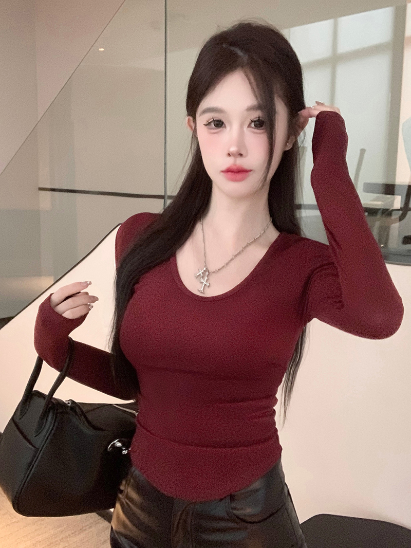 實拍  抓絨U領長袖打底衫女秋冬百搭修身顯瘦褶皺長袖T恤女