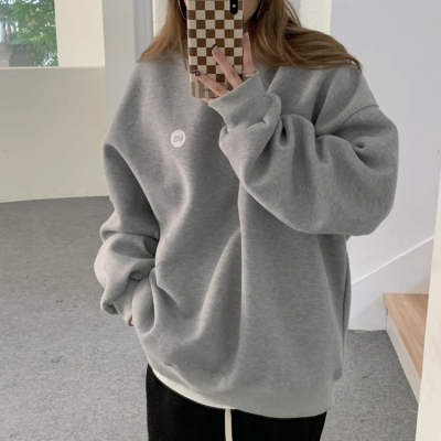 灰色套頭無帽衛衣女春秋薄款韓版寬鬆bf慵懶風冬季加絨外套上衣潮