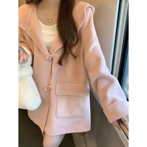 Autumn and winter age-reducing girl's peach pink hooded woolen coat