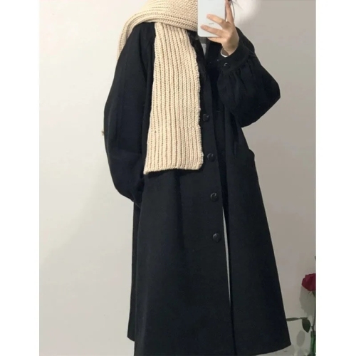 Black woolen coat for women, mid-length, preppy style, doll collar, small, loose woolen coat for women, autumn and winter