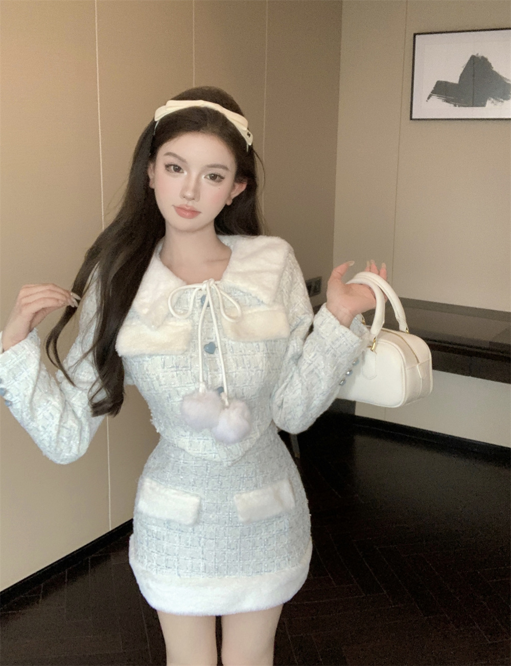 實拍小香風毛領粗花呢外套氣質名媛套裝女秋冬包臀半身裙兩件套