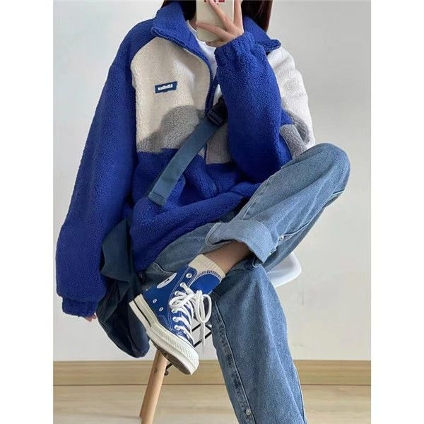 American retro Klein blue lamb plush jacket for women thickened and warm Harajuku style Korean style contrasting color cotton jacket ins