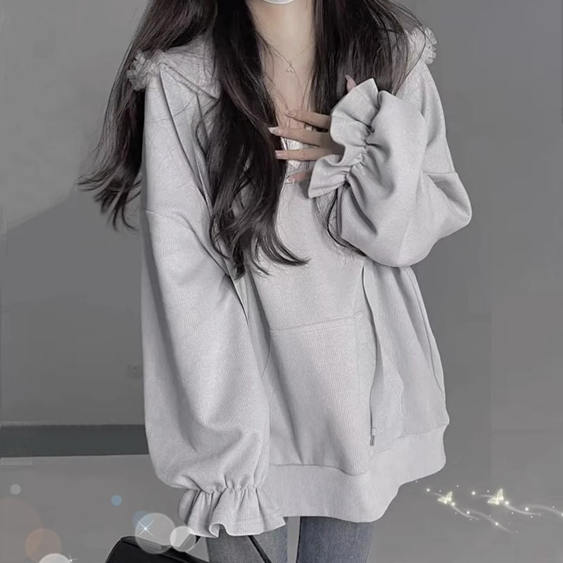 春秋季大碼女裝美式寬鬆連帽v領衛衣女遮肚顯瘦上衣胖mm200斤300