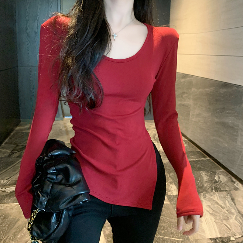 實拍 純色墊肩磨毛加絨開叉長袖T恤女韓版修身顯瘦U領打底上衣
