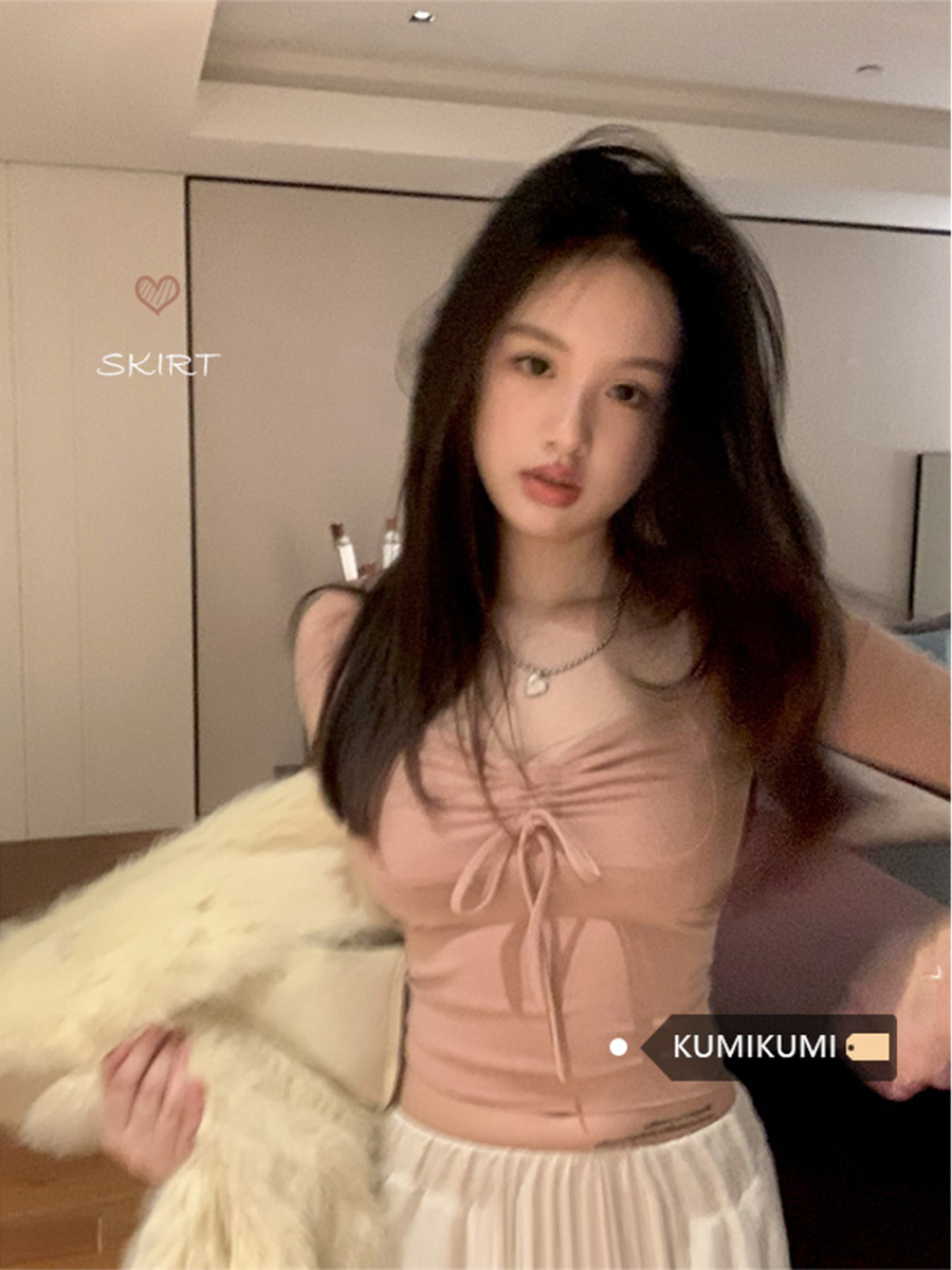 純欲風粉色長袖小眾打底衫女春季設計感辣妹T恤短款內搭緊身上衣
