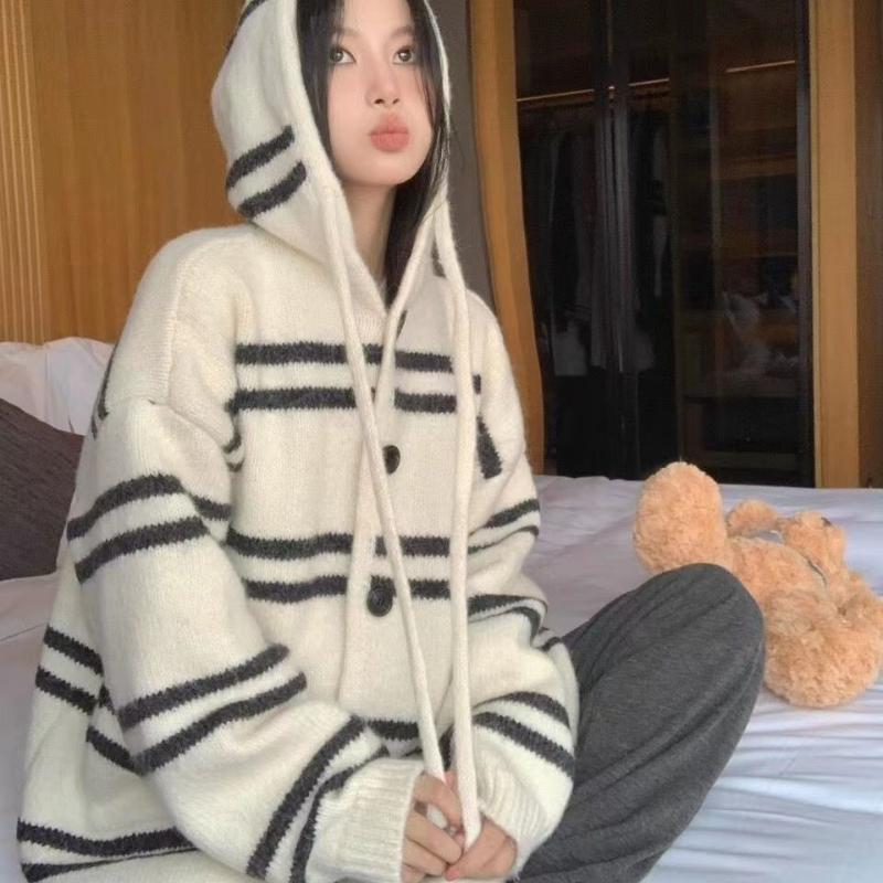 連帽條紋小眾設計針織開衫女秋冬韓系寬鬆慵懶風軟糯毛衣外套上衣