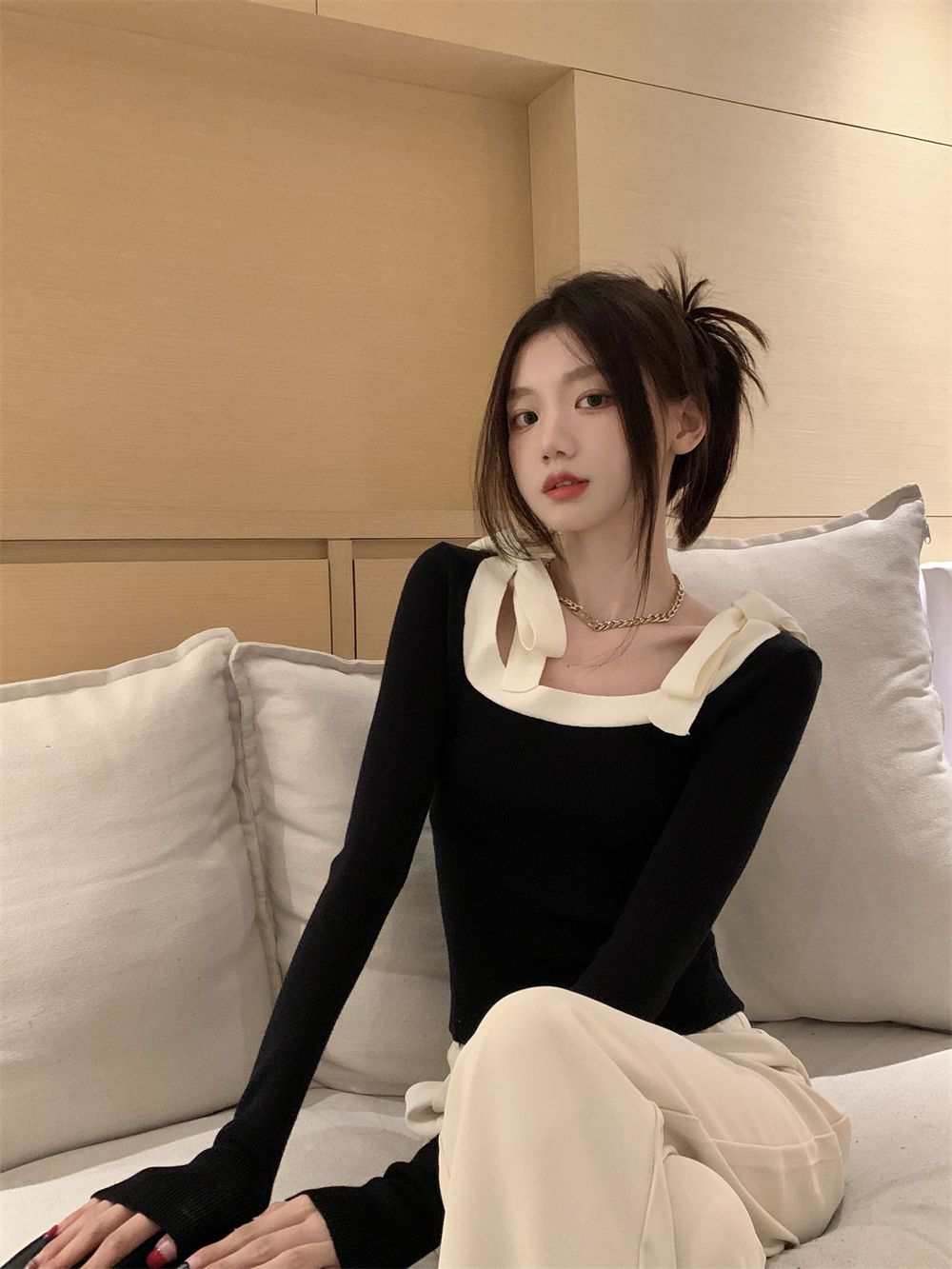 舒膚絨 長袖打底衫女法式赫本方領蝴蝶結內搭針織衫超好看上衣