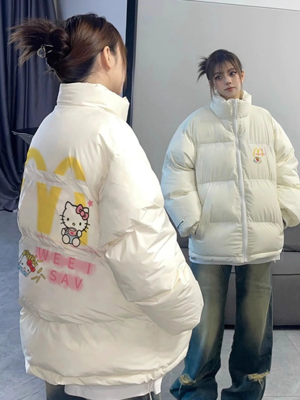 Hand-stuffed cotton padded jacket winter new loose thickened cotton coat printed coat for women