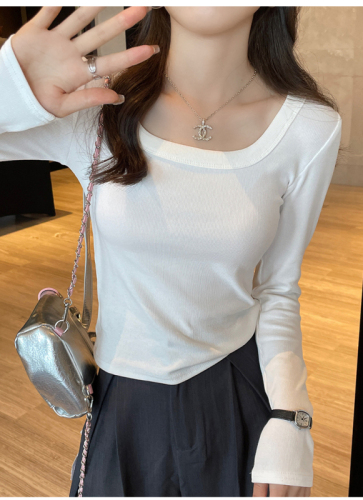 Solid color bottoming shirt for women,  new pure cotton long-sleeved T-shirt, slim-fitting, high-end, stylish square-neck top