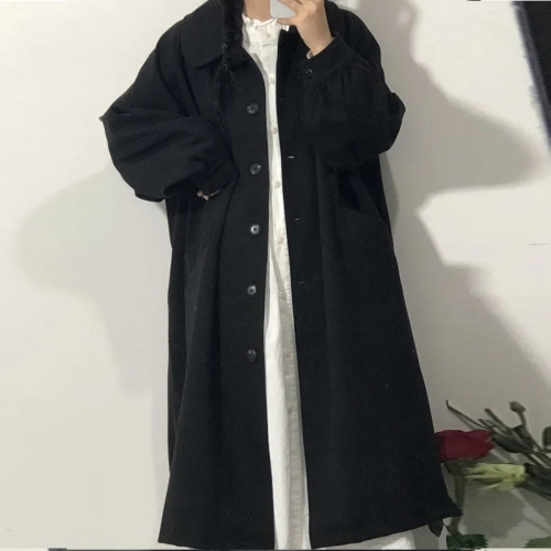 Black woolen coat for women, mid-length, preppy style, doll collar, small, loose woolen coat for women, autumn and winter