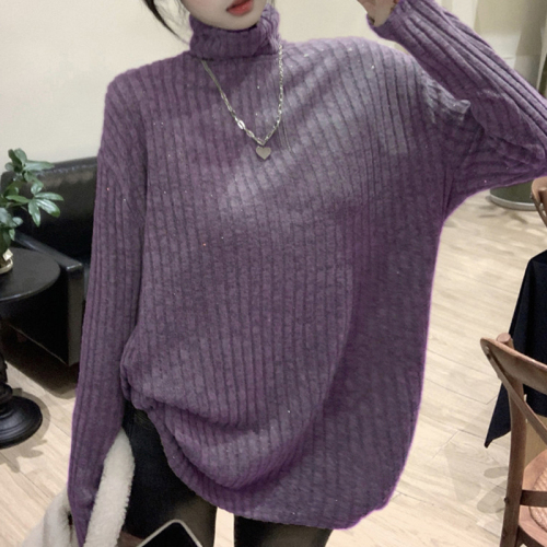 Lazy style sweater for women autumn and winter  new style brushed pile collar knitted bottoming shirt loose long-sleeved top