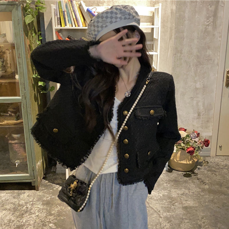 Original method of Western-style black small fragrant style jacket for women 2023 autumn lady style loose short coat trend