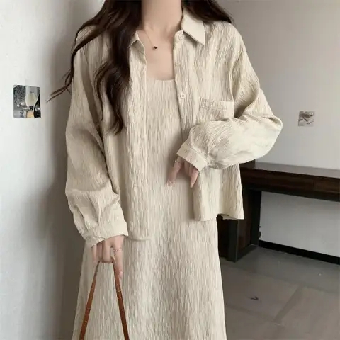 Large size suspender skirt and cardigan two-piece autumn skirt for fat mm 300 pounds slimming dress for women slightly fat suit