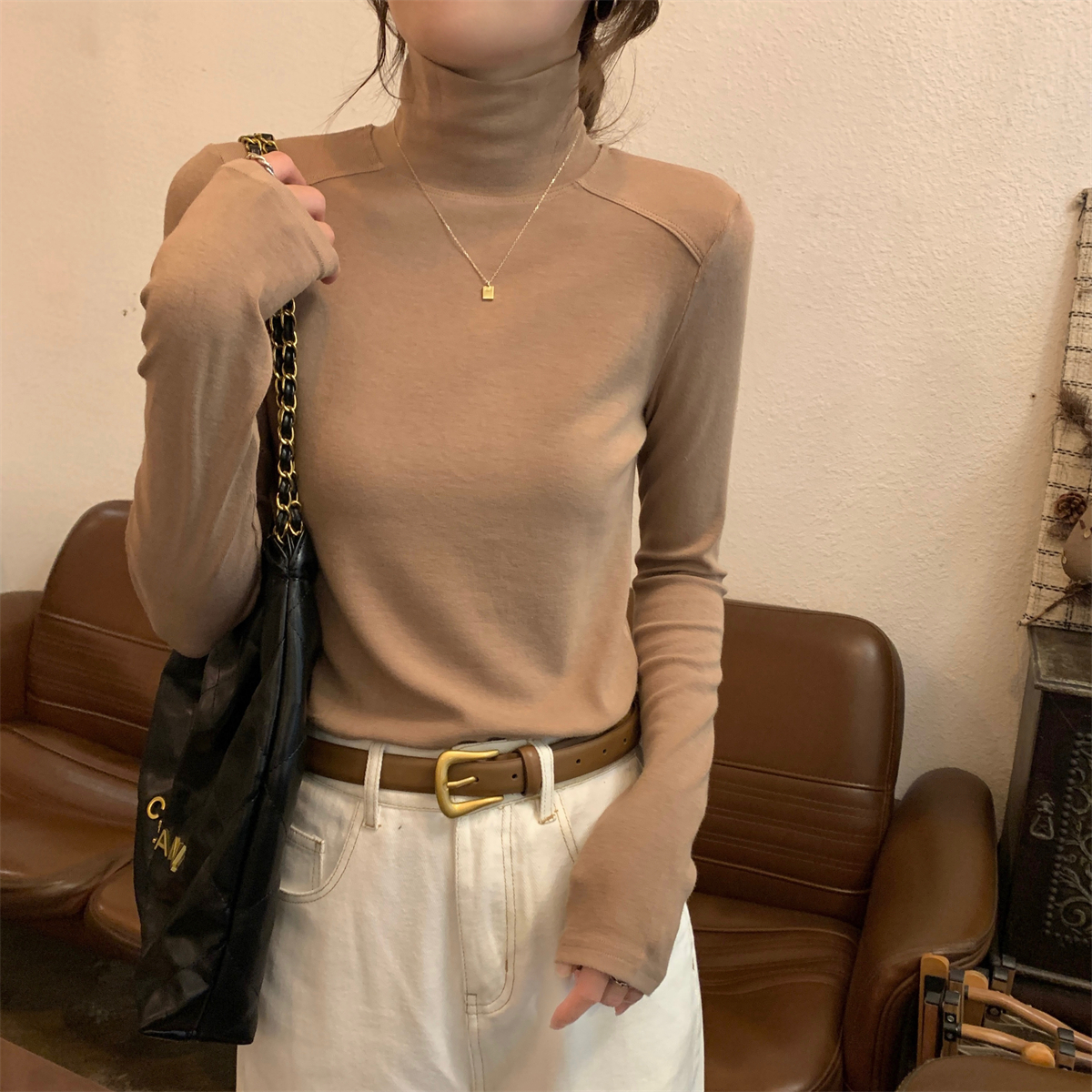 實拍 秋冬韓版純色高領修身德絨保暖氣質內搭長袖T恤上衣女