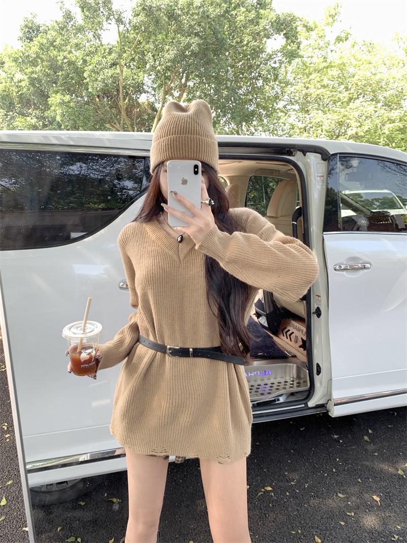 Real shot!  !  V-neck sweater dress for women in autumn and winter thickened mid-length dress with bottoming sweater