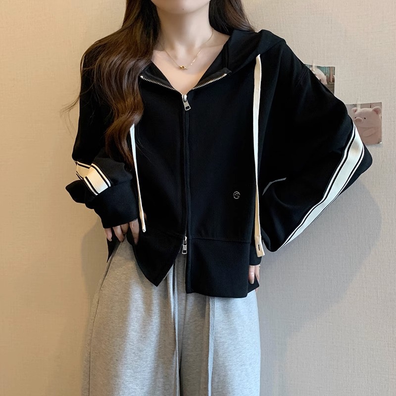 原版做工美式復古休閒慵懶風連帽v領衛衣女小個子秋長袖上衣