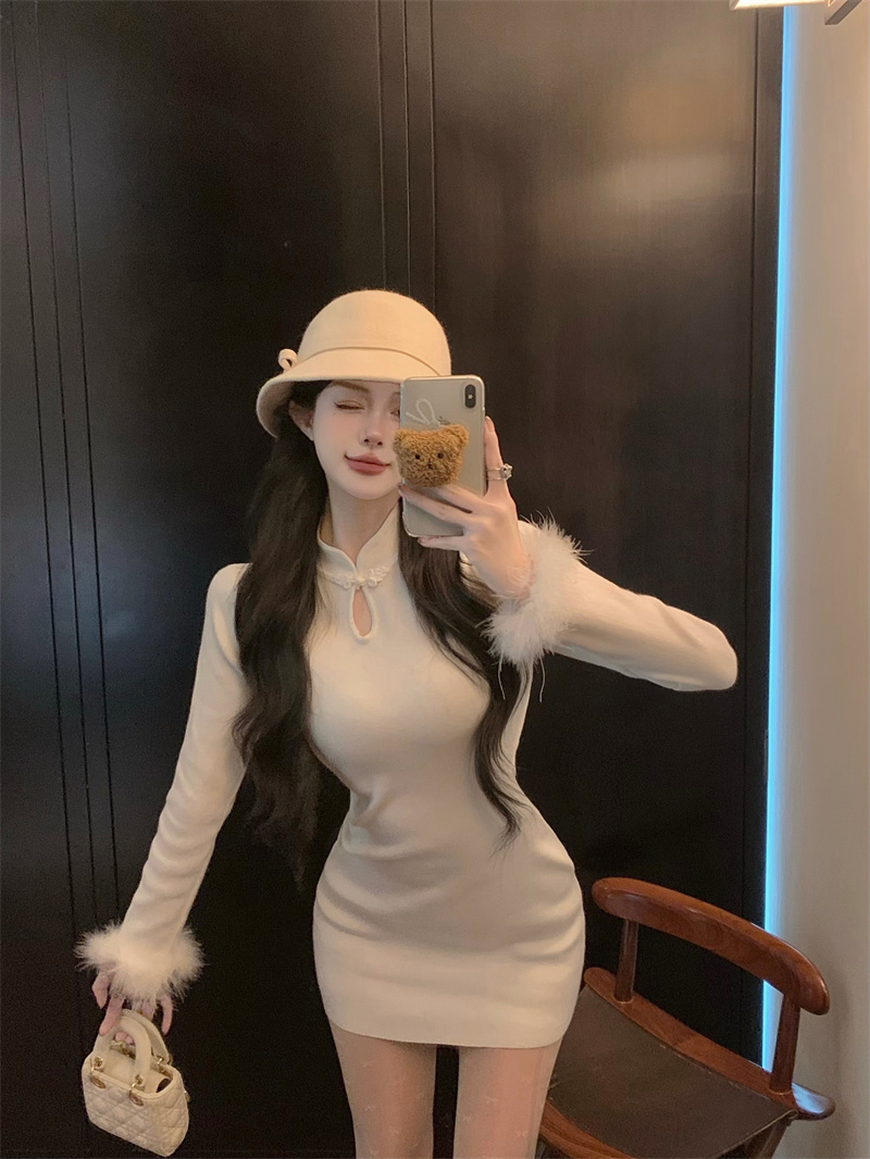 實拍 新中式國風改良旗袍性感緊身包臀裙連衣裙針織短裙子女