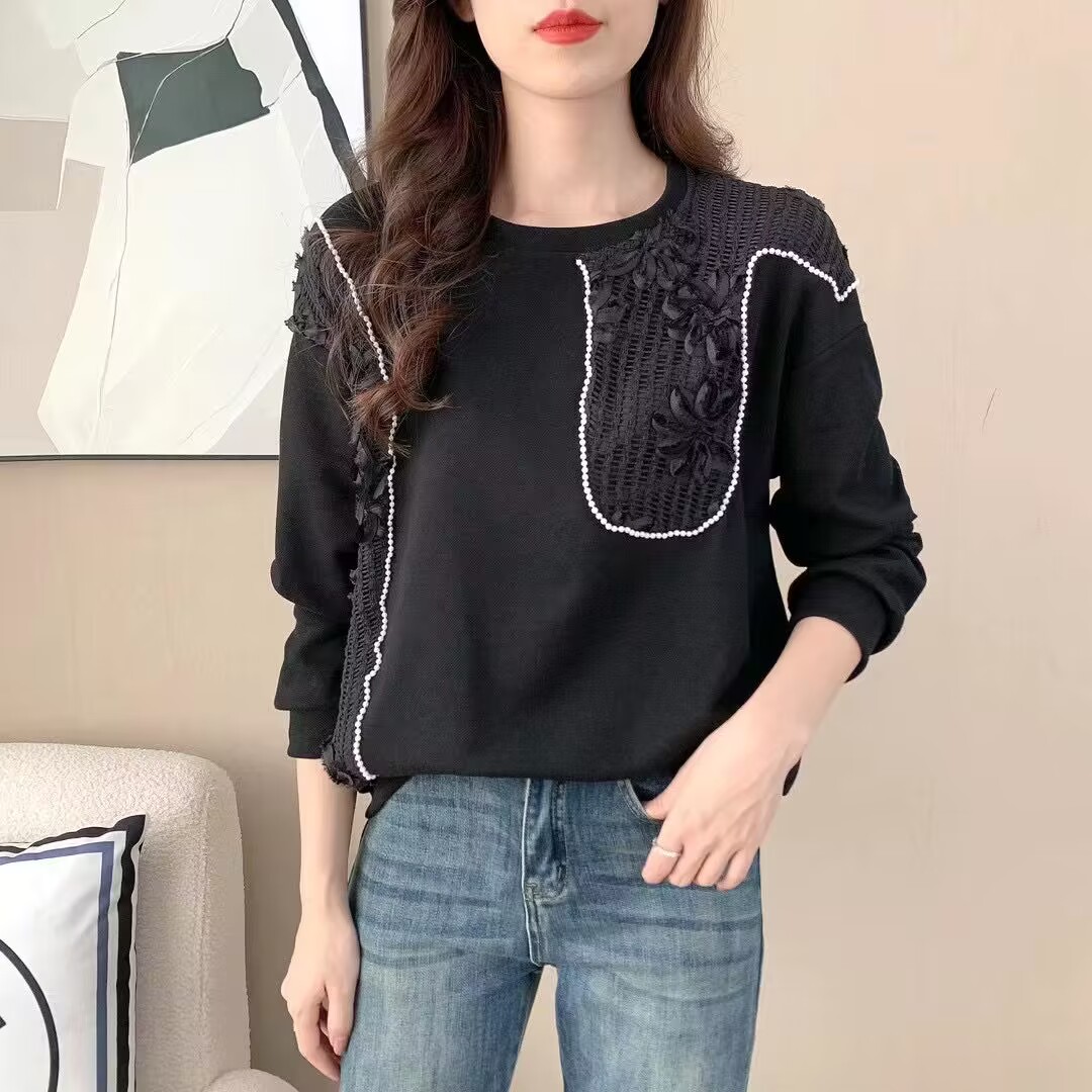 衛衣女秋冬季新款2023洋氣時尚寬鬆套頭休閒韓版蕾絲圓領打底上衣