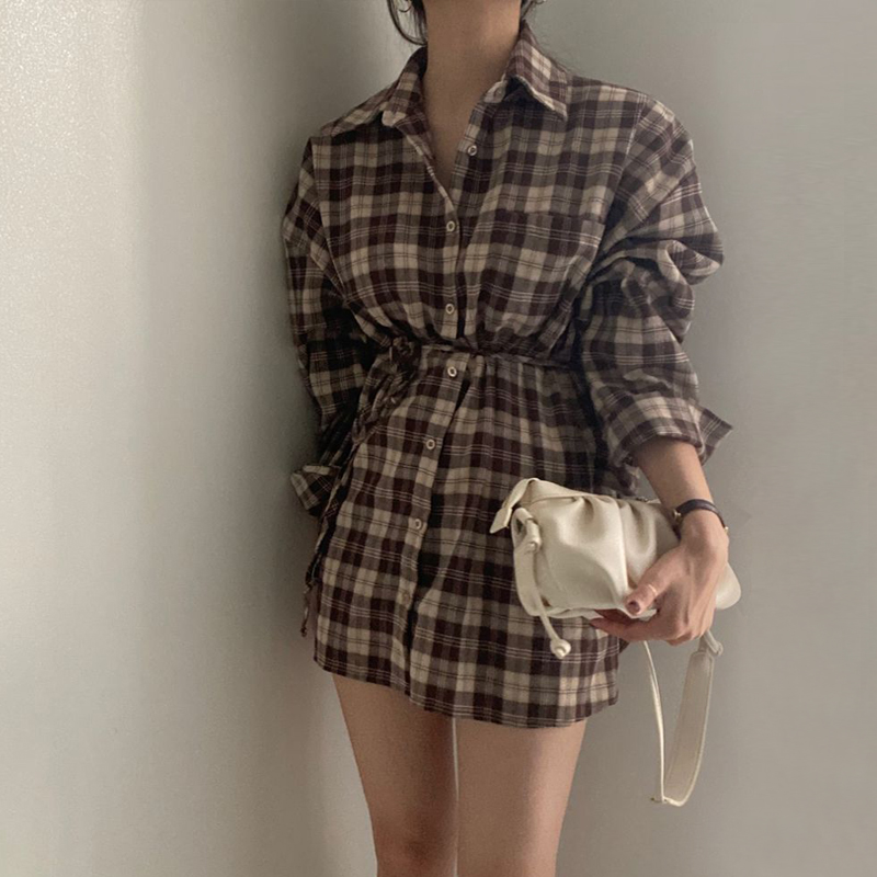 尺碼更新chic秋季復古格子翻領長袖襯衫女寬鬆系帶休閒襯衣