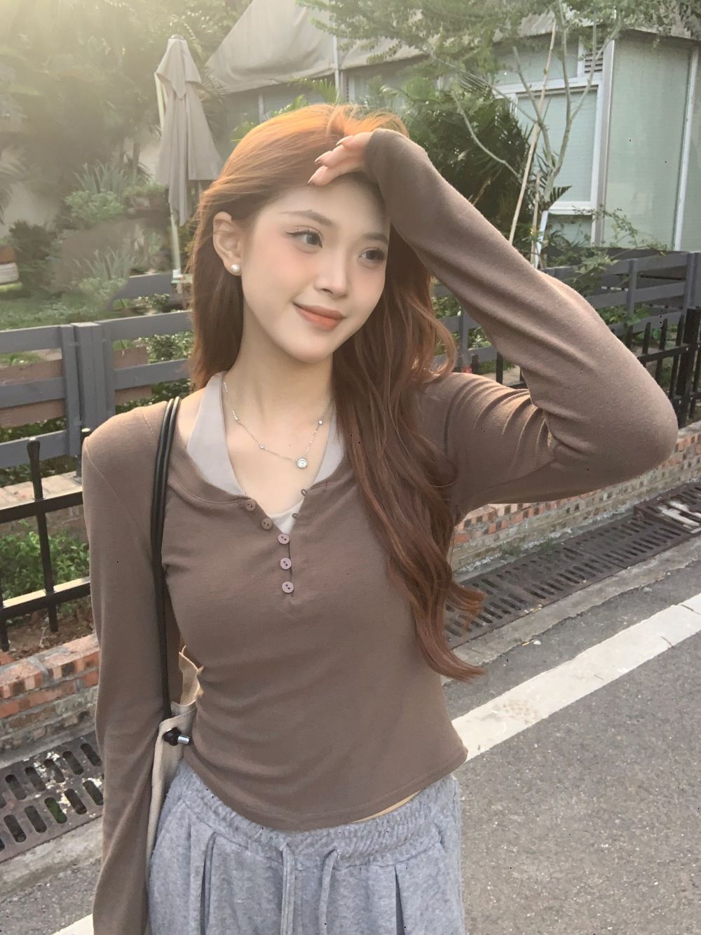 Real shot three standard together bump color fake two hanging neck slim T-shirt sleeve long sleeve inside the jacket