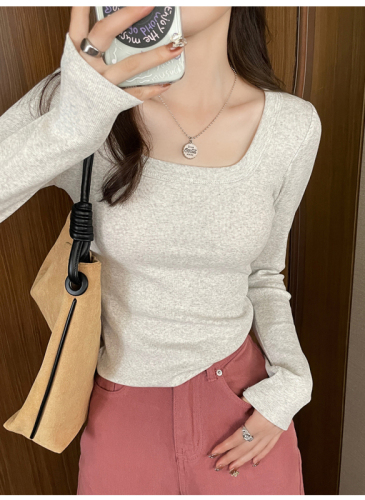 Solid color bottoming shirt for women,  new pure cotton long-sleeved T-shirt, slim-fitting, high-end, stylish square-neck top