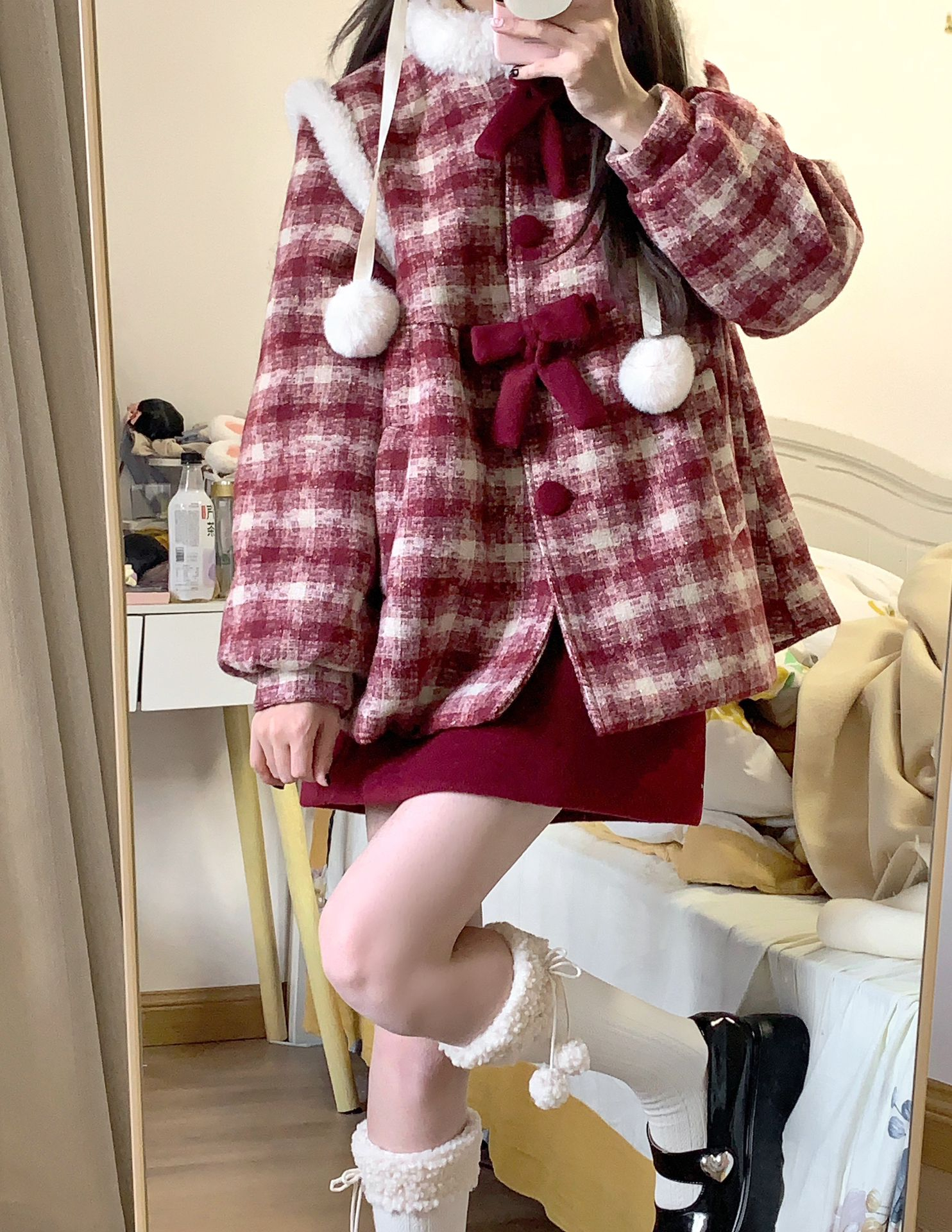 加絨外套女2023秋冬新款格子新年戰袍紅色短款呢子半身裙兩件套裝
