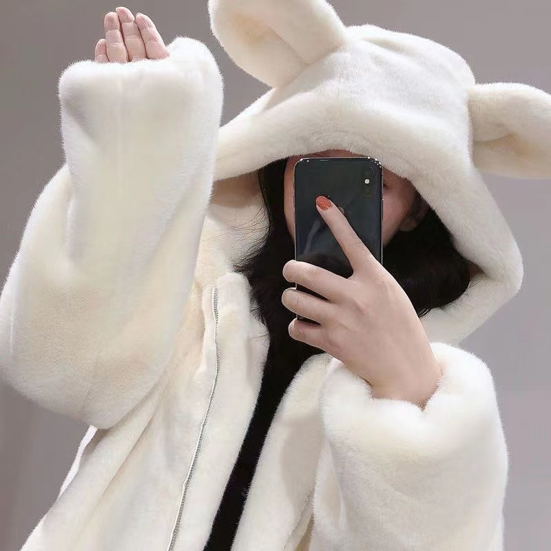 2023 new winter hooded loose cute bear ears thickened plush mid-length imitation fur coat for women