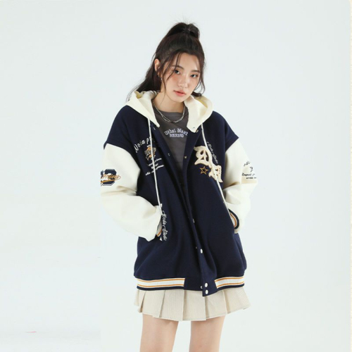 American retro baseball uniform jacket for women new autumn and winter oversize student loose hooded jacket