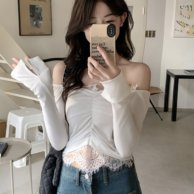 Pure lust style long-sleeved bottoming shirt T-shirt for women in autumn and winter sexy lace splicing short top
