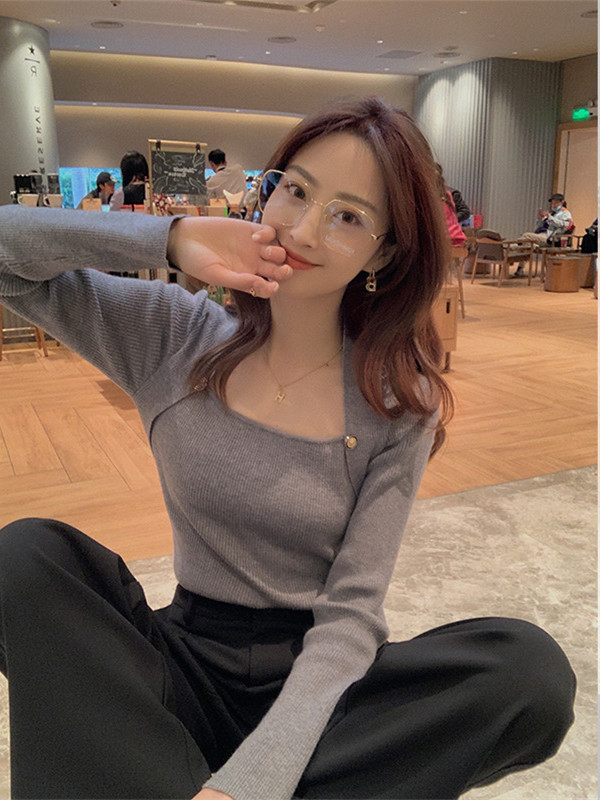 2023 Early Autumn New Style Square Neck Knitted Sweater Tops Women's Slim Long Sleeve Bottoming Shirts Women's Underwear Sweaters
