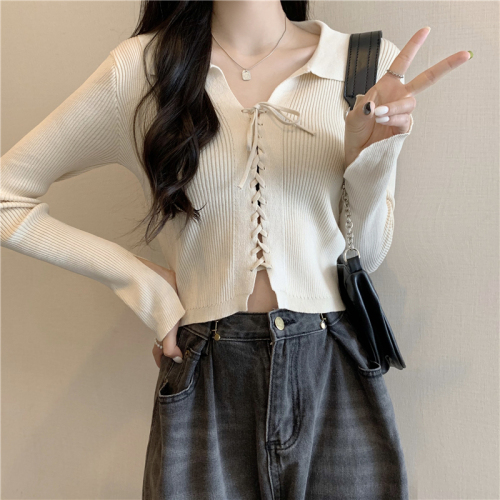 Actual shot of Korean style lace-up Polo collar slimming long-sleeved knitted bottoming shirt with cuffs slit T-shirt top