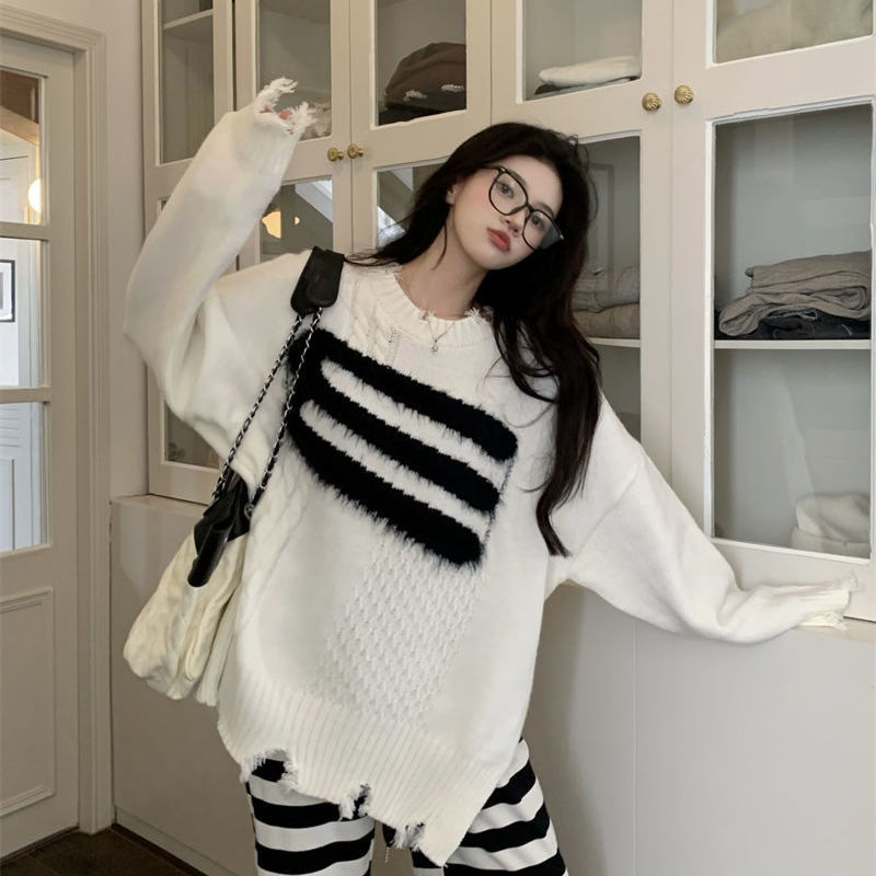 Lazy Style Striped Contrast Color Long Sleeve Sweater Women's New Autumn and Winter Loose Casual Hole Design Knitted Sweater Top
