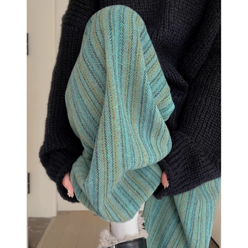 Maillard Vertical Striped Wide Leg Pants Women's Autumn and Winter Velvet High Waist Casual Large Size Drape Lazy Floor-Mopping Pants