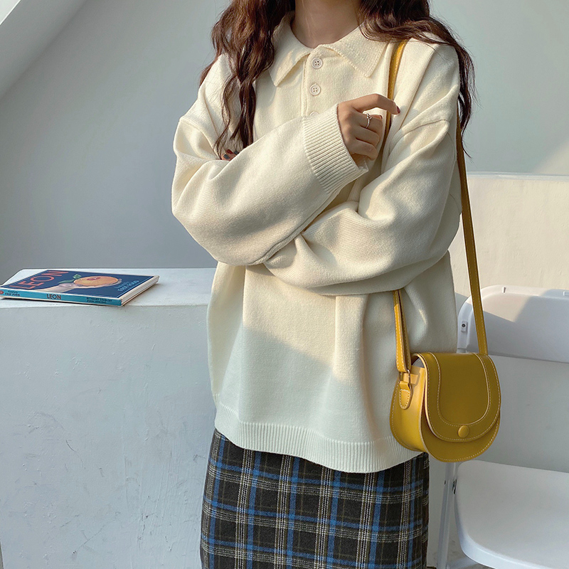 White sweater women's pullover loose Korean version versatile college style autumn and winter polo lapel niche style sweater top